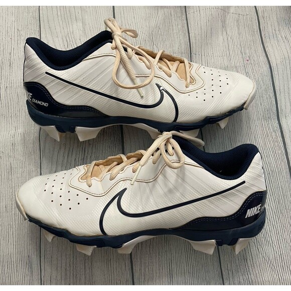 White & Navy Blue Nike Men’s Baseball Cleats Shoes, Size Adult 9